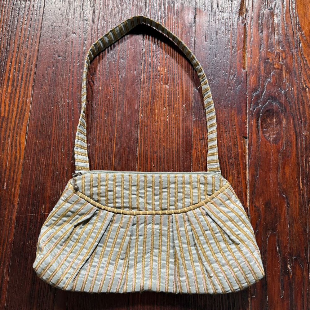 Maruca Shoulder Bag Purse Gray Gold Striped Handmade Jacquard Pleated